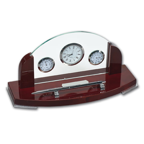 Ρολόι επιτραπέζιο θερμόμετρο υγρασιόμετρο με θήκη για στυλό απο ξύλο τριανταφυλλιας