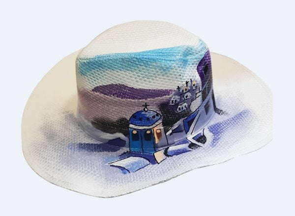 Καπέλο γυναικείο hand painted  με σαντορίνη μπλε ουρανό σε λευκό χρώμα one size